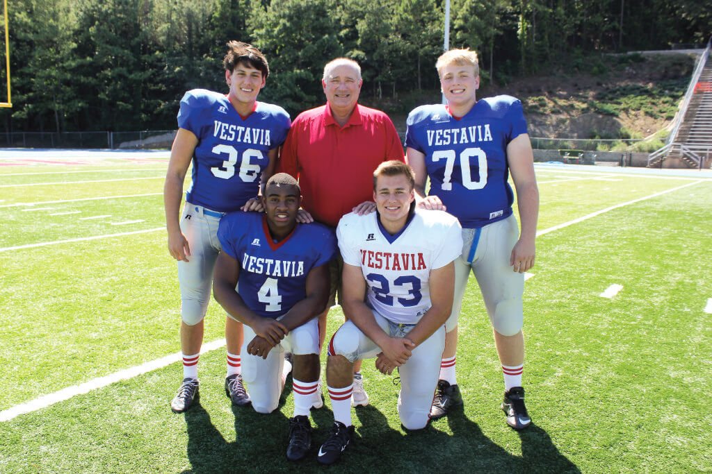 Vestavia coach Buddy Anderson with key players, from left: Sam Lawson, Remington Patterson, Morgan Long and Alex Robin. 