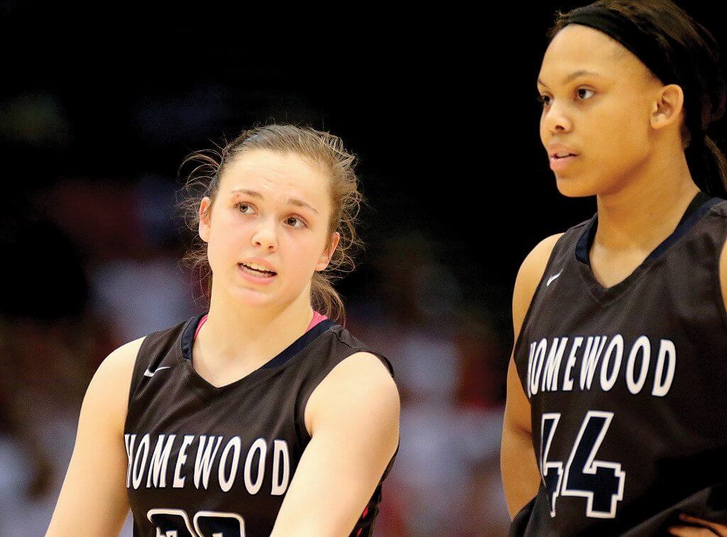 All-state guard Hannah Barber, left, led Homewood in scoring with 22 points, including four three-pointers and Shelby Hardy, right, had 14 points and 12 boards. Journal photo by Marvin Gentry.