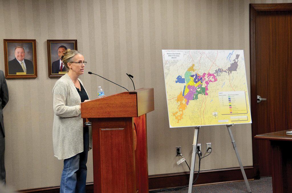 Hoover resident Trisha Crain addresses the city school board prior to its approval of the latest school rezoning plan. Journal photo by William C. Singleton III.