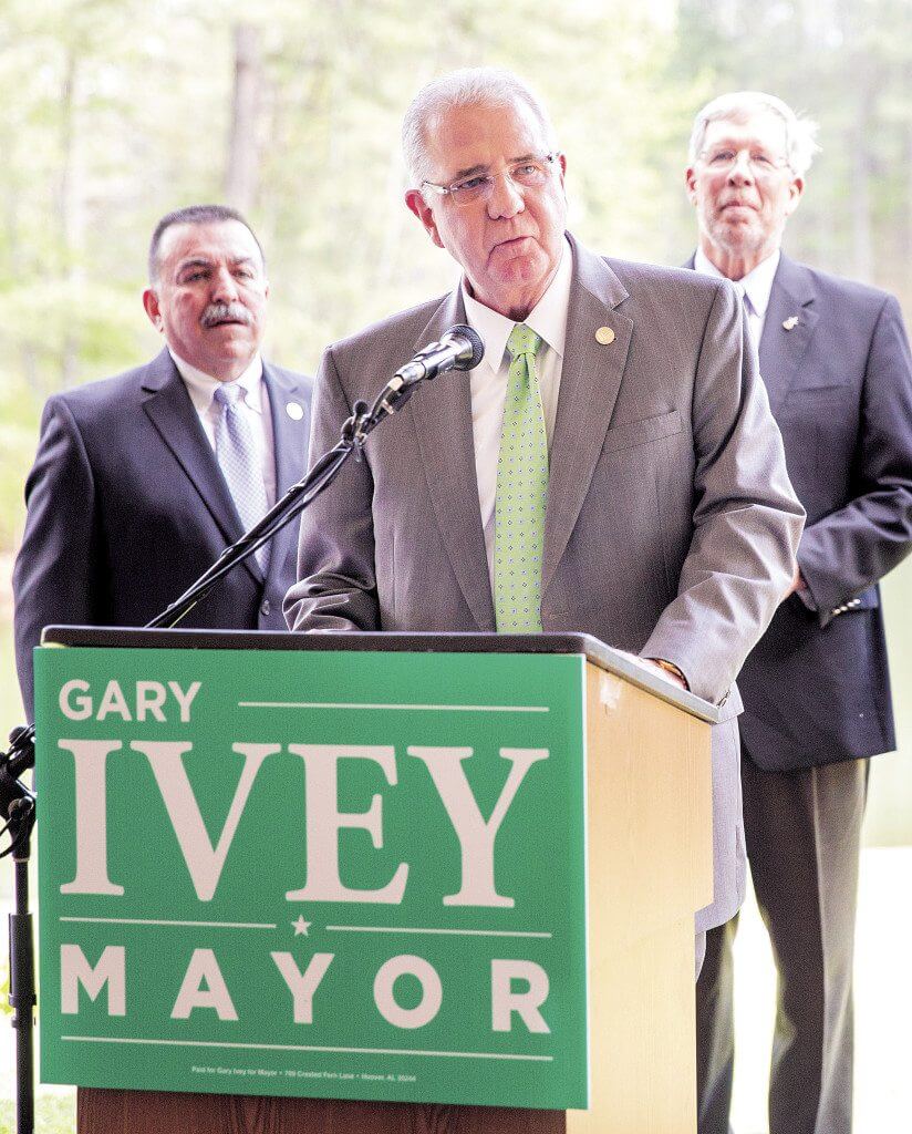 Hoover Mayor Gary Ivey, center, announced his bid for re-election during an April 7 press conference, in which he was joined by supporters including Shelby County Sheriff John Samaniego, left, and Jefferson County Sheriff Mike Hale, right. Photo special to the Journal.