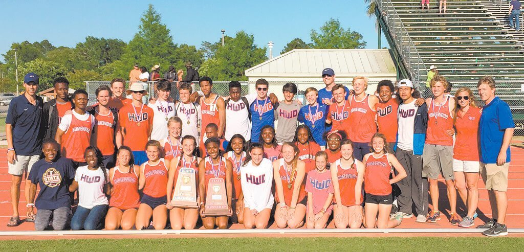 Members of the Homewood High School boys and girls track teams. The Lady Patriots won their third consecutive outdoor track title. Homewood boys brought home the second-place trophy. Photo special to the Journal