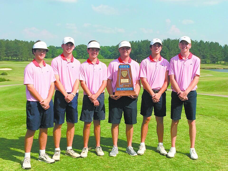 Members of the Homewood 6A boys state champion golf team are, from left: Ford Goldasich, Jack Poole, Connor Doyal, head coach Keat Litton, Jack Goldasich and Ben Harris. Not pictured: Reed Adkins, Nolen Langford, Josh Holland, Draper Tapscott and Christopher Williams.